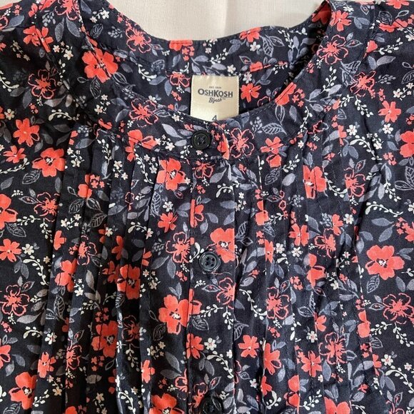 OSHKOSH B'Gosh Girls 4 Top Shirt Pleated Front Navy Blue Pink Floral Print - Picture 6 of 9